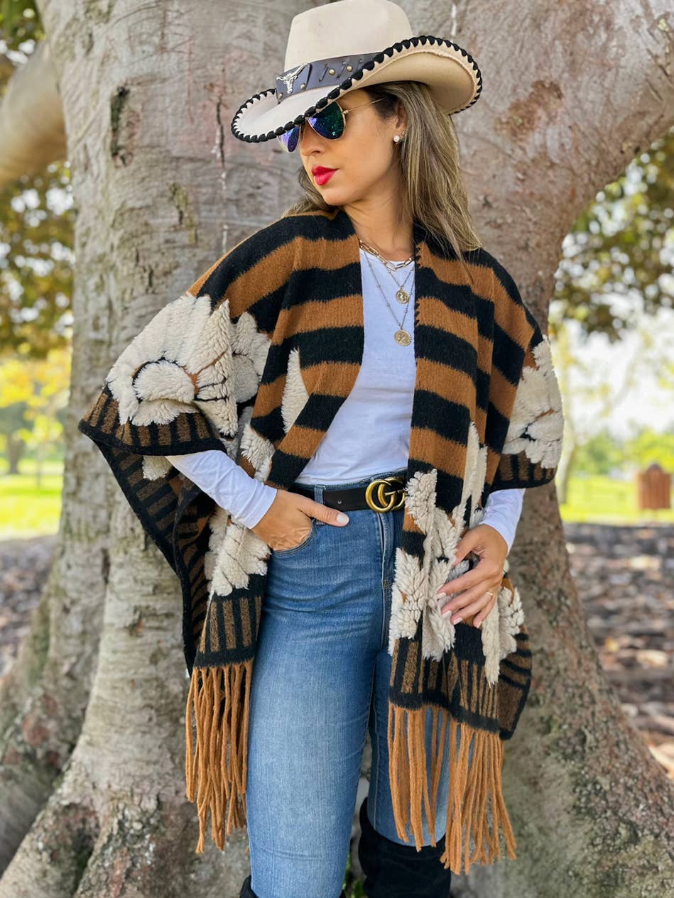 Brown Western Boho 3D Floral Fringe Ruana Cardigan: Brown / One Size