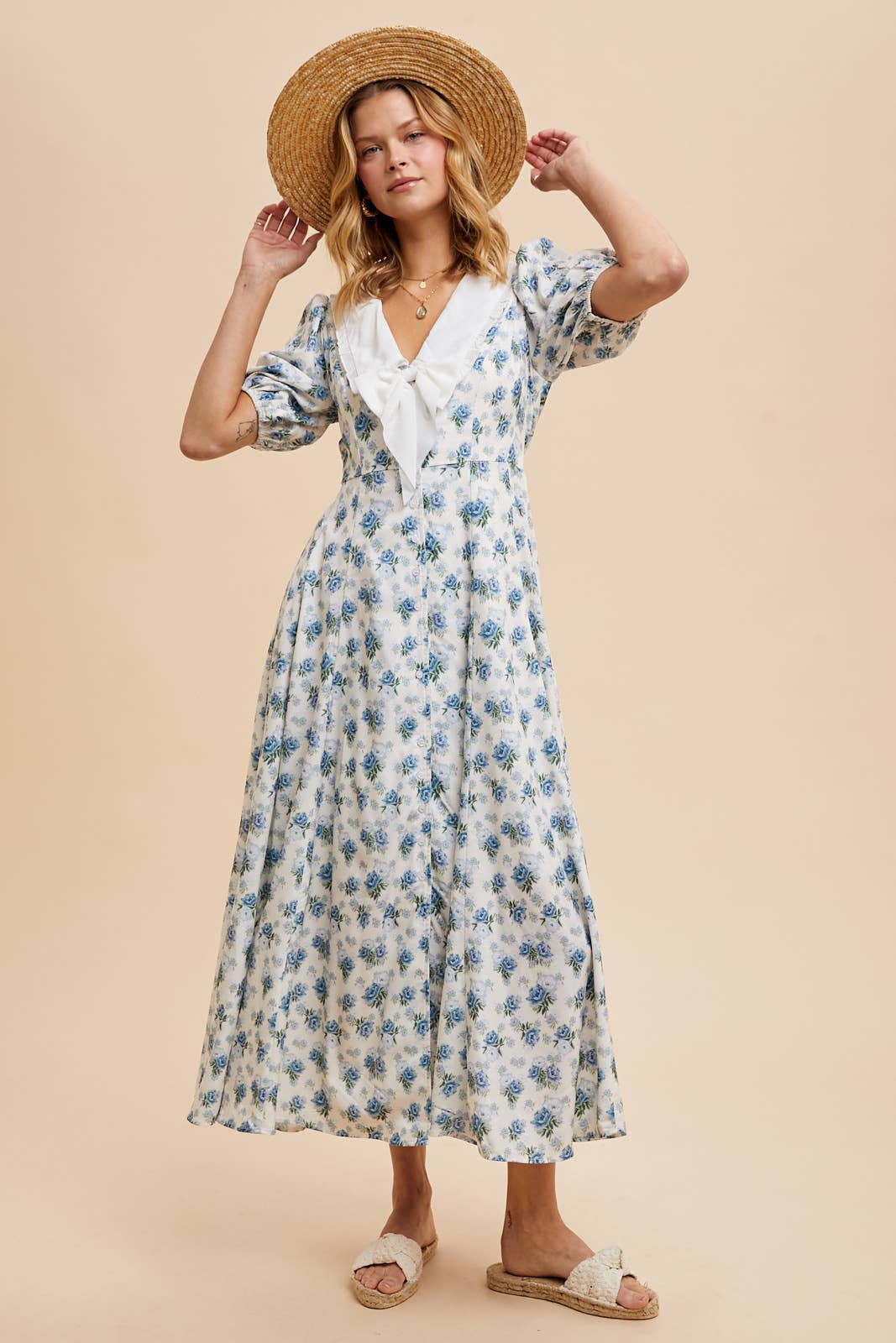 DOLL COLLAR BUTTON DOWN FLORAL DRESS: VINTAGE ROSE / S