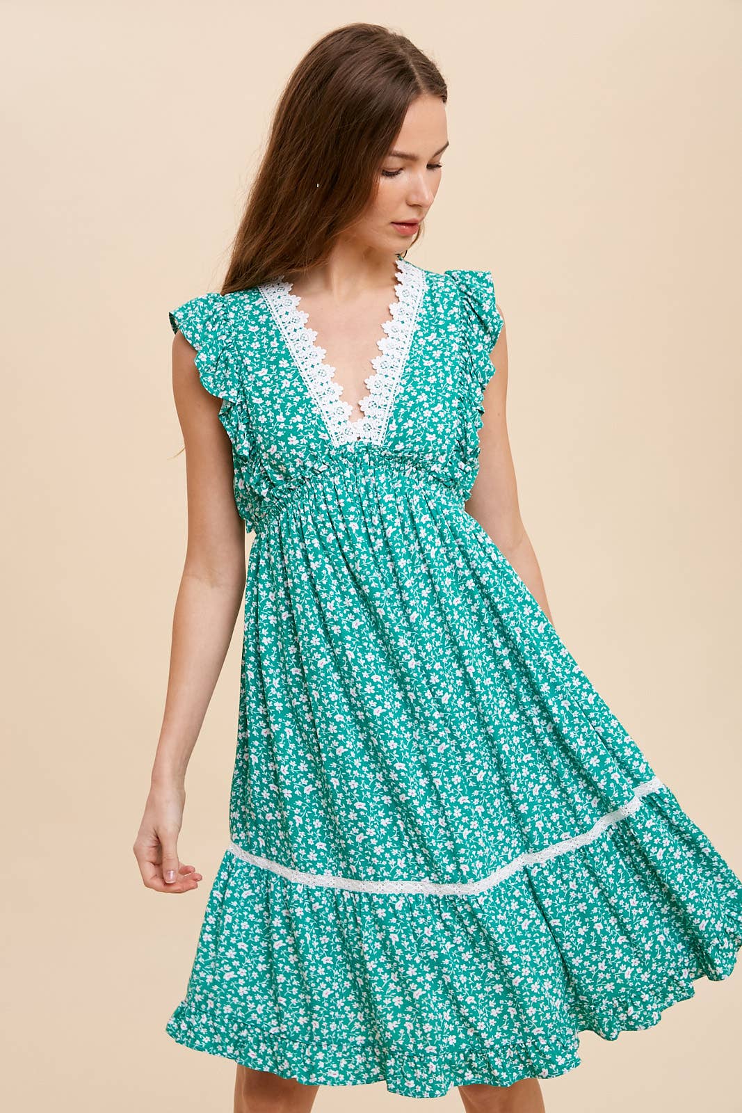 FLORAL RUFFLED LACE TRIM DRESS: CORNFLOWER / L