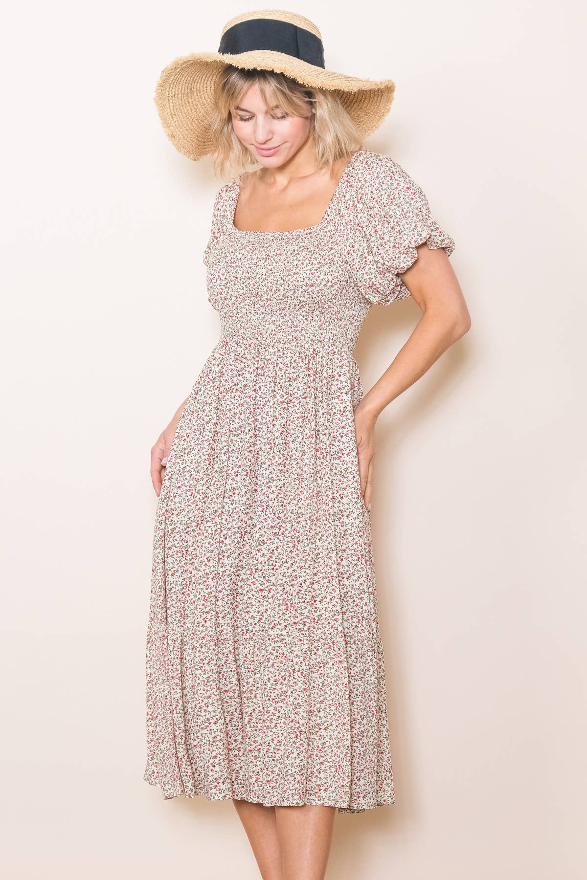 Vintage Tiny Floral Flattering Midi Dress: Cream / L