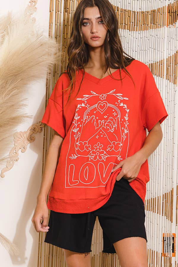 T1277-1 Love Graphic French Terry Loose Fit T-shirt: ASH GREY / S-M-L (2-2-2)