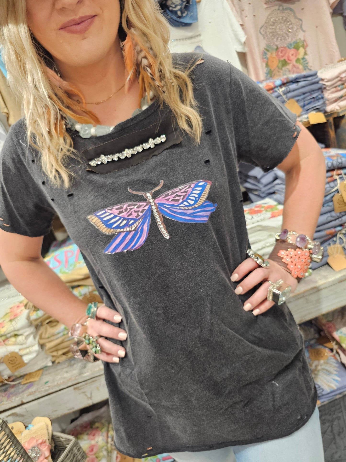 Dragonflies and Butterflies Black Tattered Tee: Sm