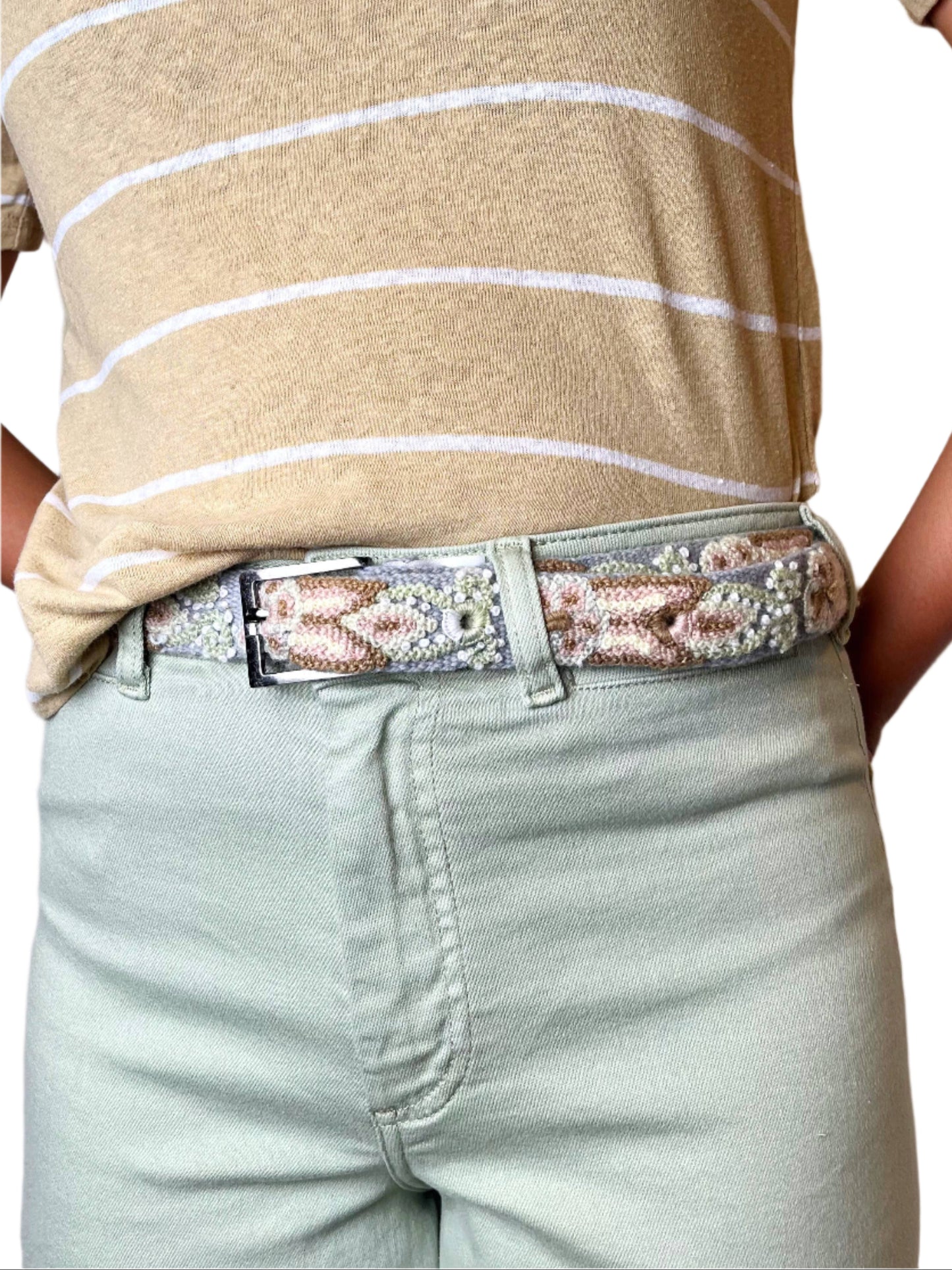 Luisa Skinny Embroidered Belt: Gray