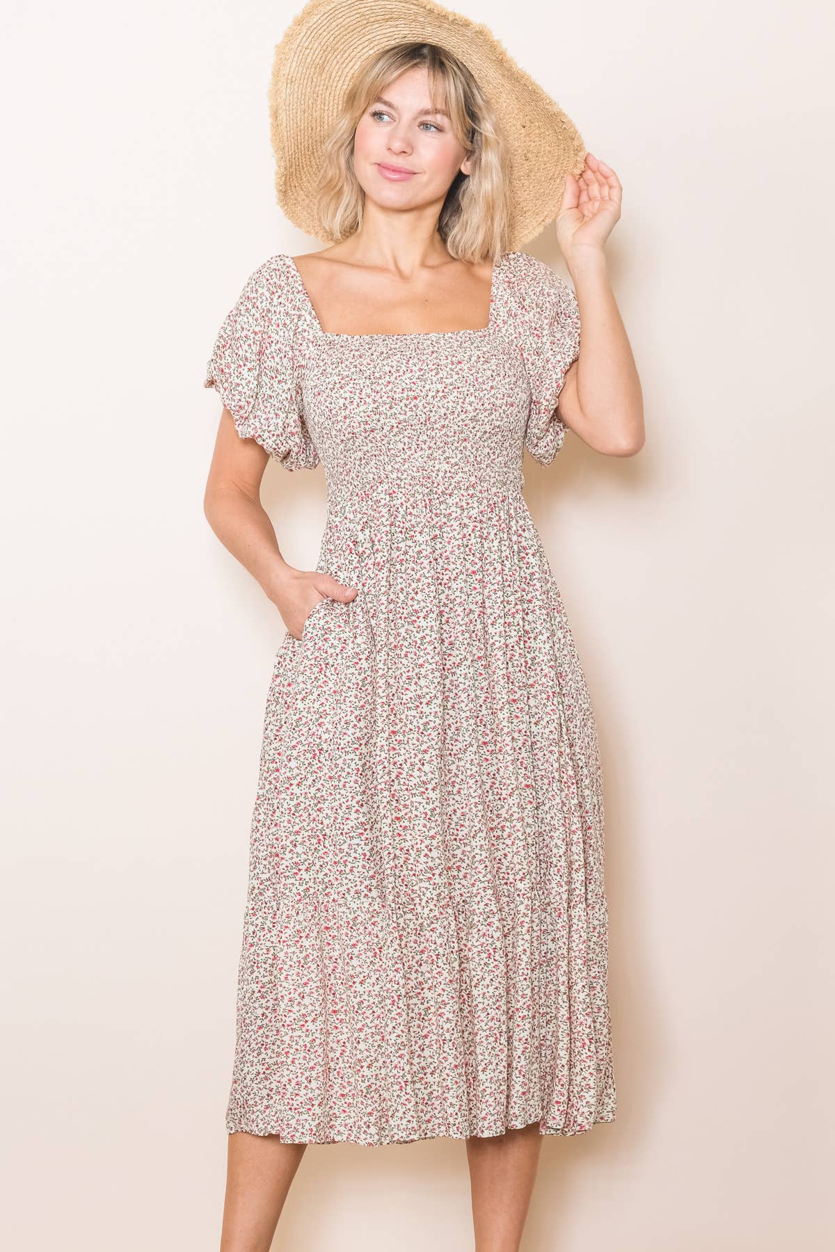 Vintage Tiny Floral Flattering Midi Dress: Cream / M