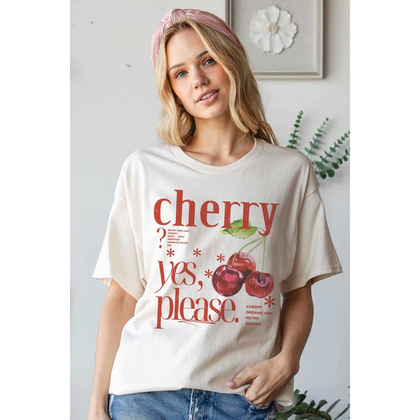 CHERRY? YES, PLEASE. Oversized Graphic Tee: WHITE / S/M