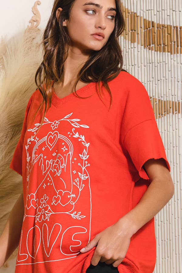 T1277-1 Love Graphic French Terry Loose Fit T-shirt: ASH GREY / S-M-L (2-2-2)