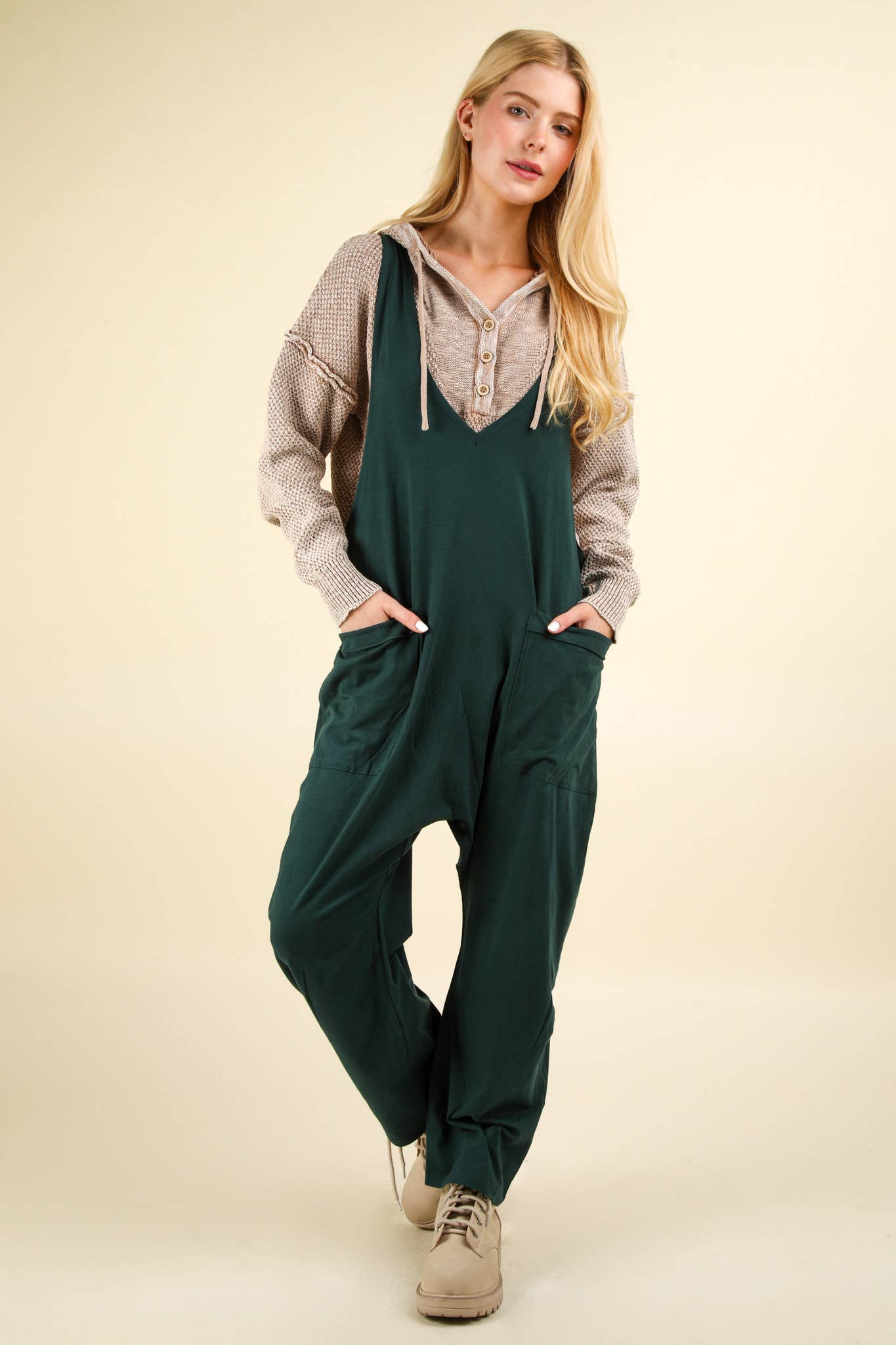 Casual Loose Fit Solid Knit Baggy Jumpsuit: CHARCOAL
