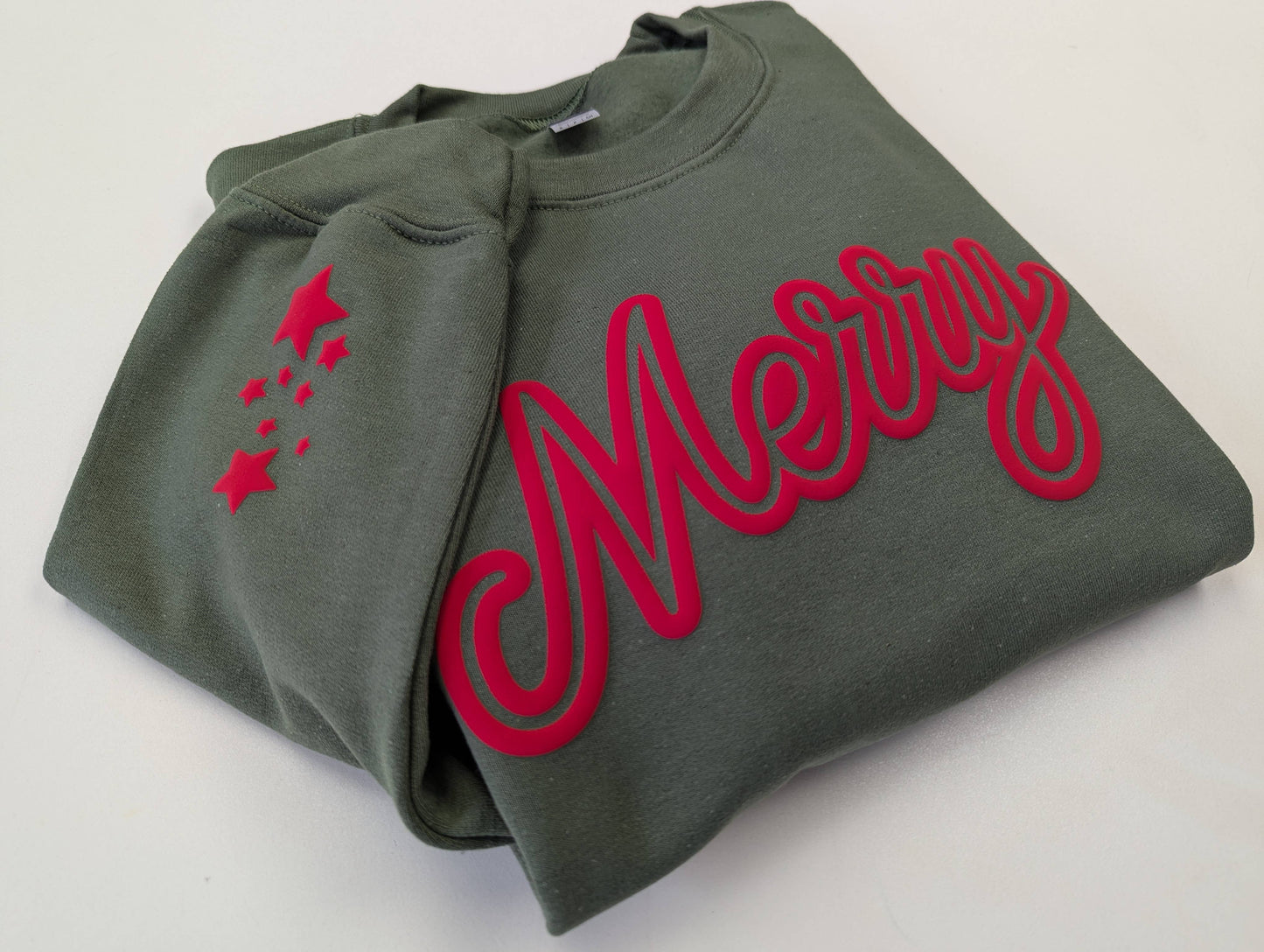 Puff Christmas Crewneck Sweatshirt Holiday Sweater Merry: Military Green