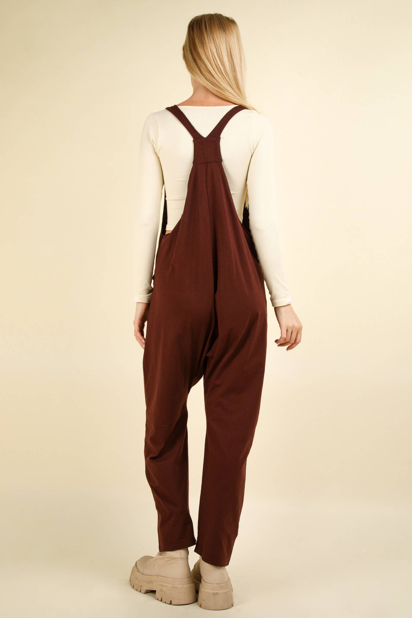 Casual Loose Fit Solid Knit Baggy Jumpsuit: BRICK