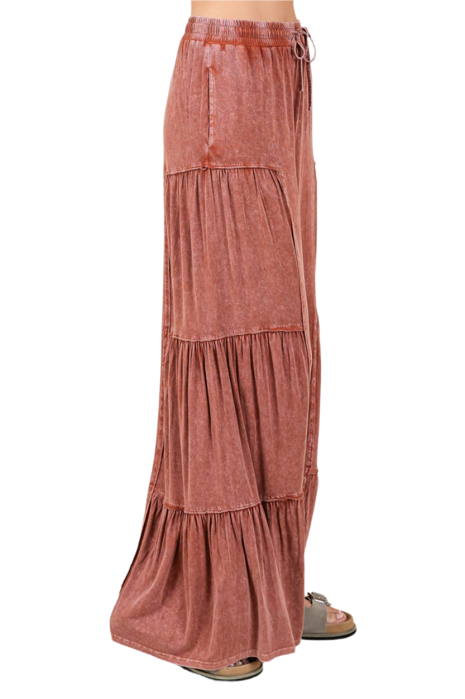 MINERAL WASH TIERED WIDE LEG ELASTIC WAIST PANTS: SIENNA