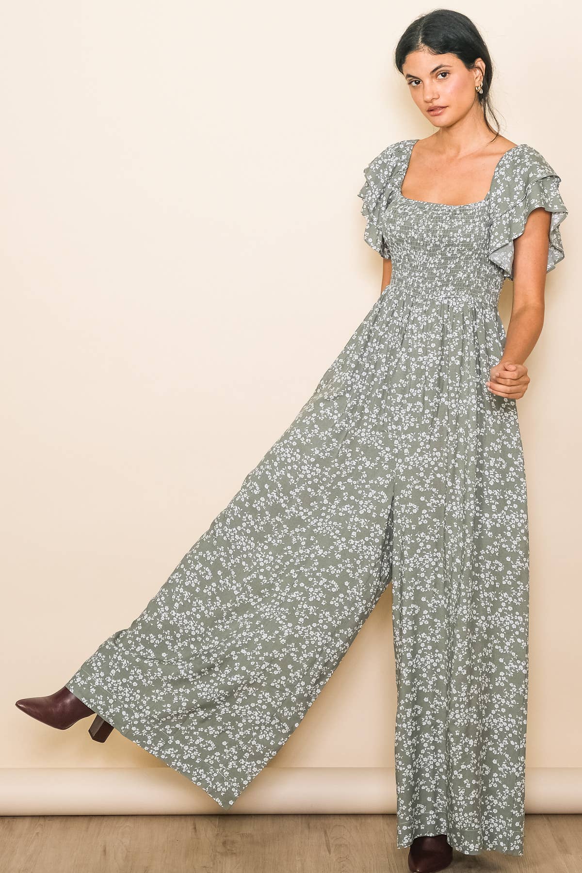Flutter Sleeve Extra Wide Leg Jumpsuit: Sage / L