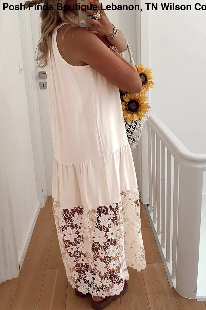 Beige Floral Lace Hem Halter Dress - Maxi Dress