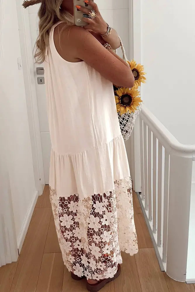 Beige Floral Lace Hem Halter Dress - Maxi Dress