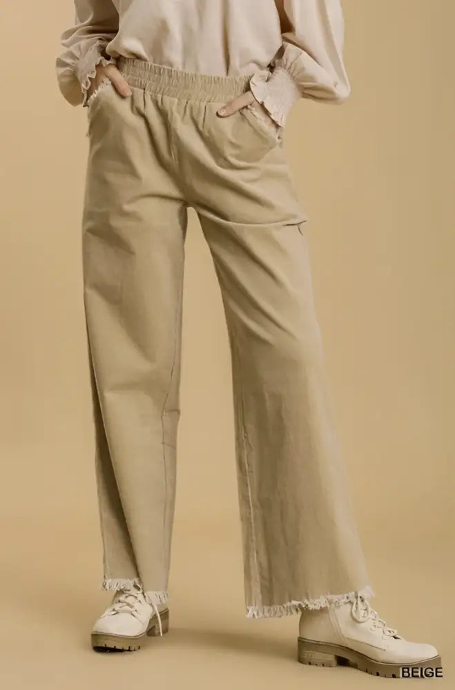 Beige Pull On Corduroy Pants with Frayed Hem - Posh Finds