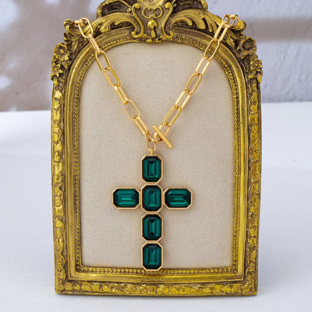 Bezel Set Rhinestone Cross Front Toggle Necklace | 80N93437: Emerald