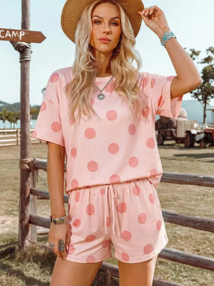 Black Polka Dot Print Tee Drawstring Elastic Short Set - set