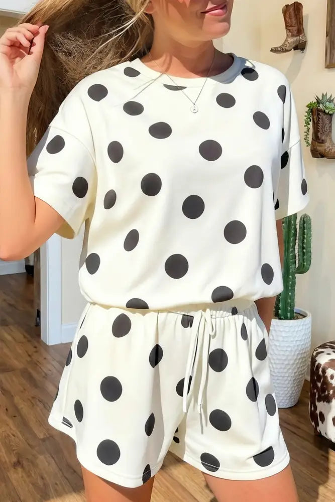 Black Polka Dot Print Tee Drawstring Elastic Short Set - set
