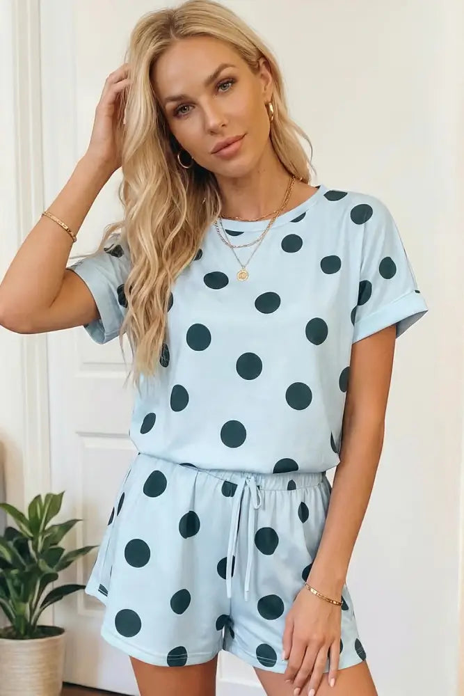 Black Polka Dot Print Tee Drawstring Elastic Short Set - set