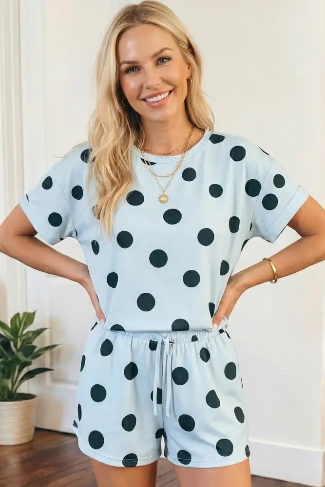 Black Polka Dot Print Tee Drawstring Elastic Short Set - set