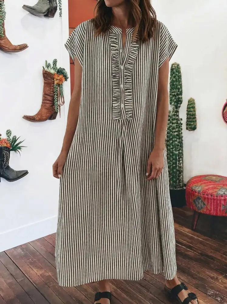 Black Stripe Frilled Short Sleeve Long Dress - Women > Dresses