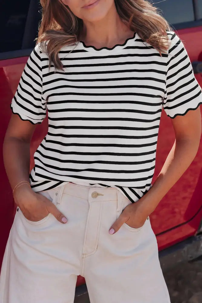 Black Stripe Scalloped Trim Round Neck T Shirt - Women > Tops