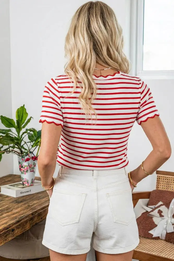 Black Stripe Scalloped Trim Round Neck T Shirt - Women > Tops