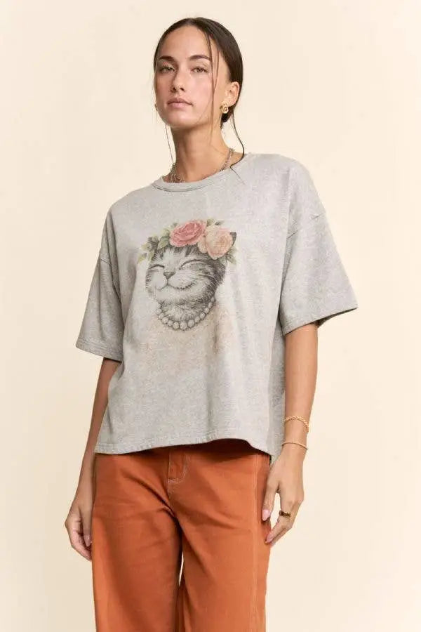 BLOSSOM-CROWNED KITTY PRINTED TOP: Beige - Women > Tops