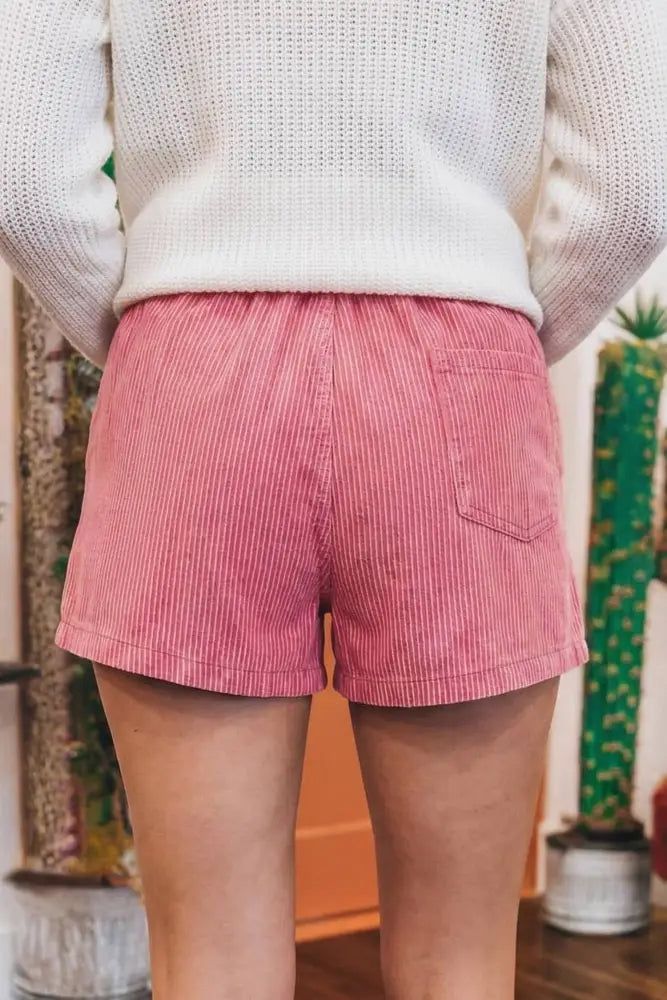 Blue Stripe Drawstring Elastic Waist Denim Shorts - Shorts
