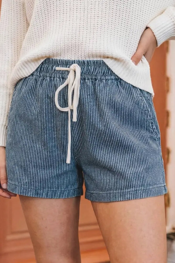 Blue Stripe Drawstring Elastic Waist Denim Shorts - Shorts