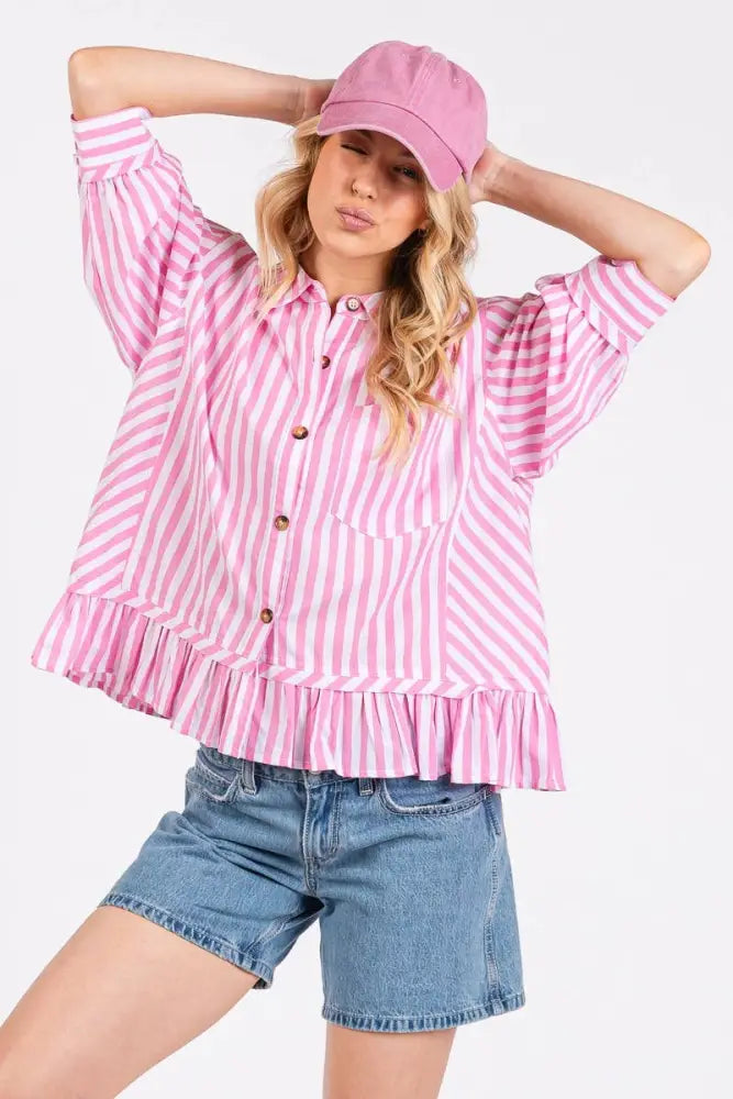 BLUE STRIPED BUTTON DOWN RUFFLE TOP - Women > Tops