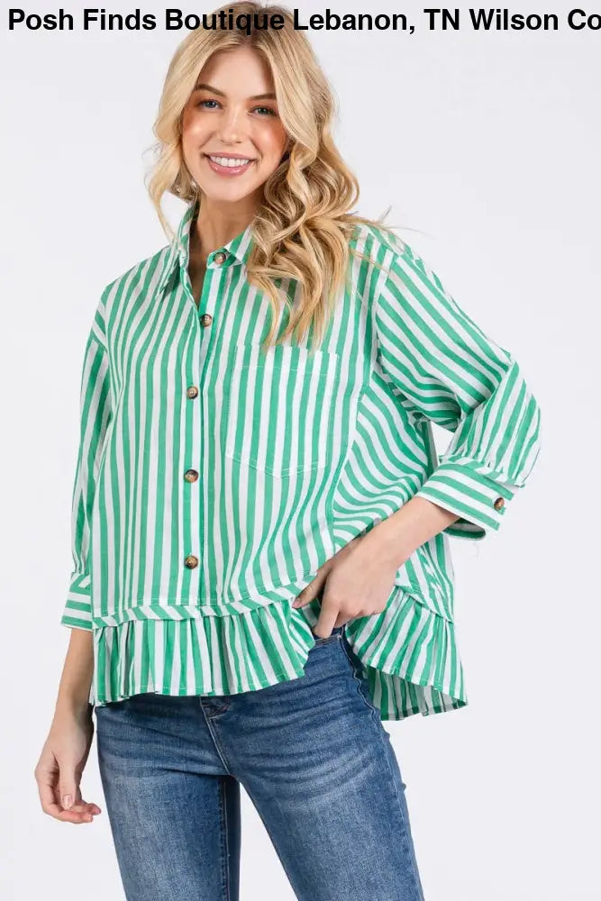 BLUE STRIPED BUTTON DOWN RUFFLE TOP - Women > Tops
