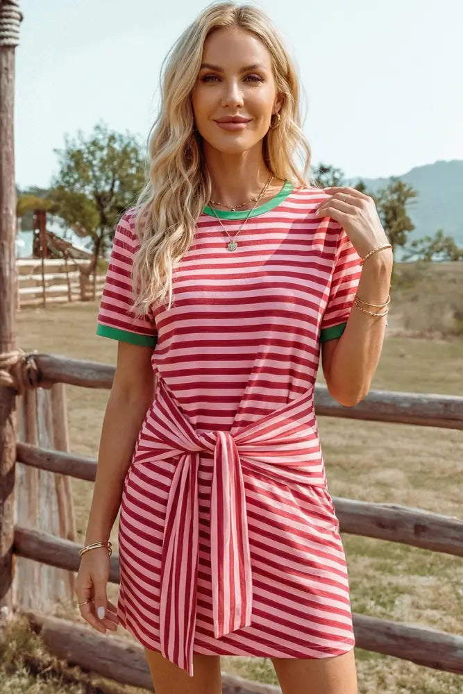 Blue Tie Contrast Trim Round Neck T Shirt Mini Dress - Women > Dresses