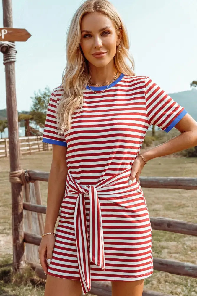 Blue Tie Contrast Trim Round Neck T Shirt Mini Dress - Women > Dresses