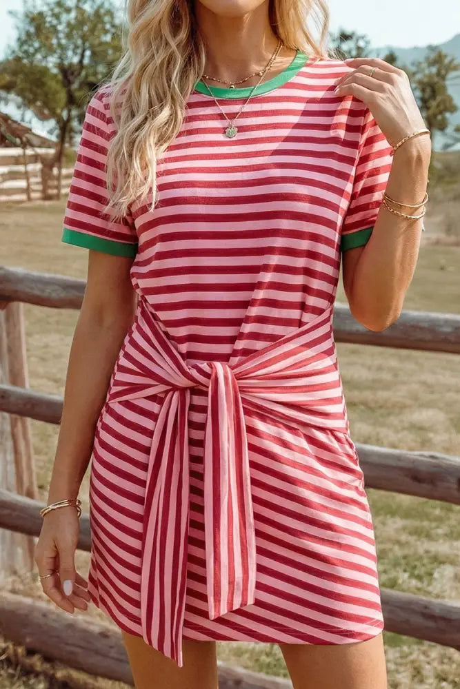 Blue Tie Contrast Trim Round Neck T Shirt Mini Dress - Women > Dresses