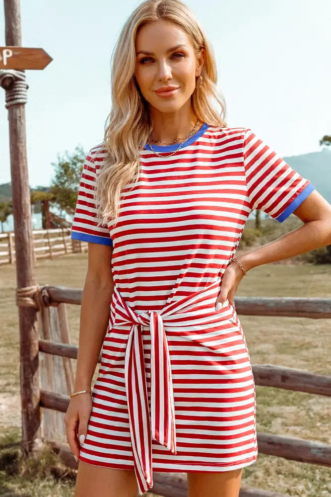 Blue Tie Contrast Trim Round Neck T Shirt Mini Dress - Women > Dresses