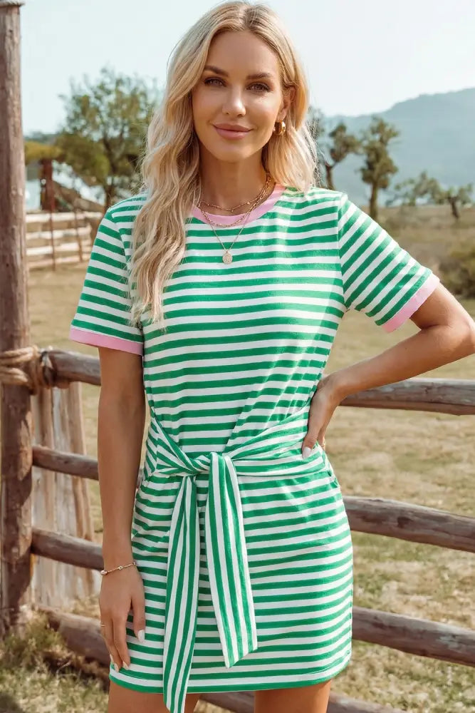 Blue Tie Contrast Trim Round Neck T Shirt Mini Dress - Women > Dresses
