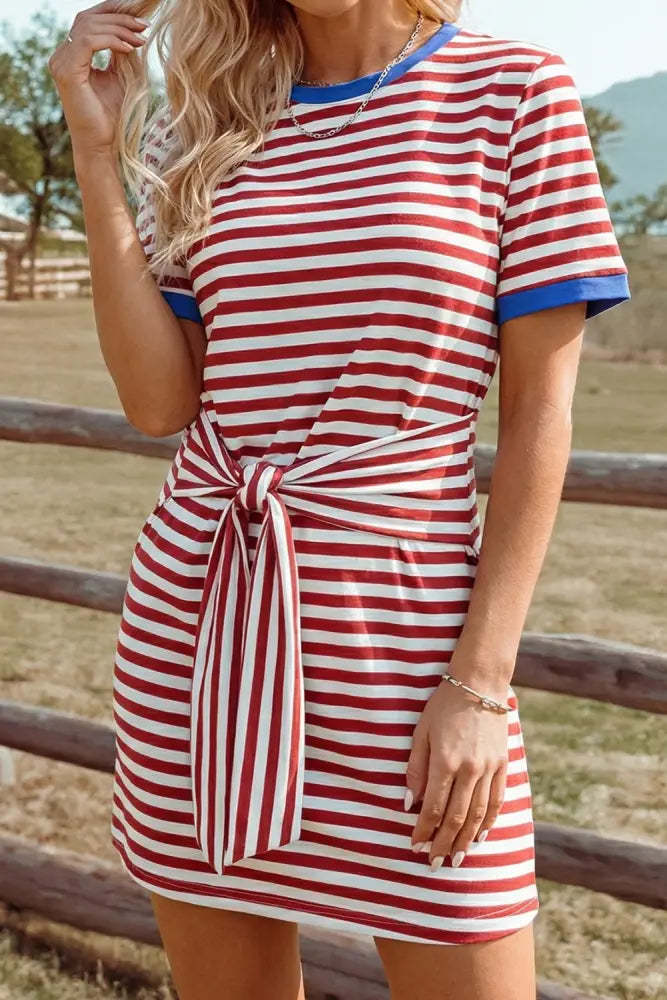 Blue Tie Contrast Trim Round Neck T Shirt Mini Dress - Women > Dresses