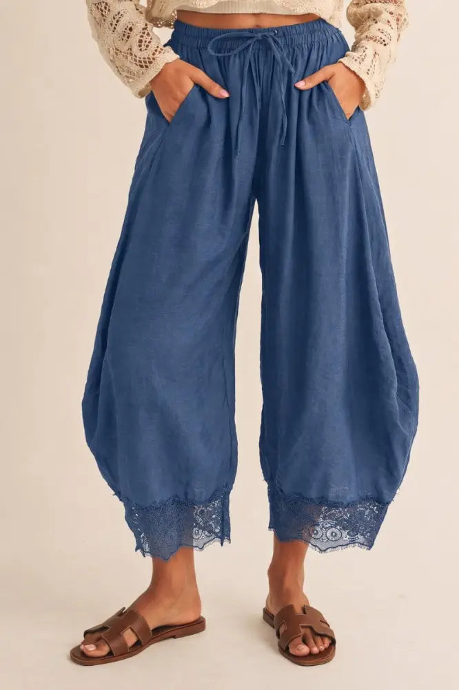 Boho Lace Trim Barrel Balloon Pants - Deep Denim - Women > Pants