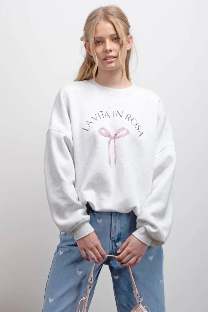 BOW GRAPHIC CREW NECK SWEATSHIRT: HEATHER GREY - Posh Finds