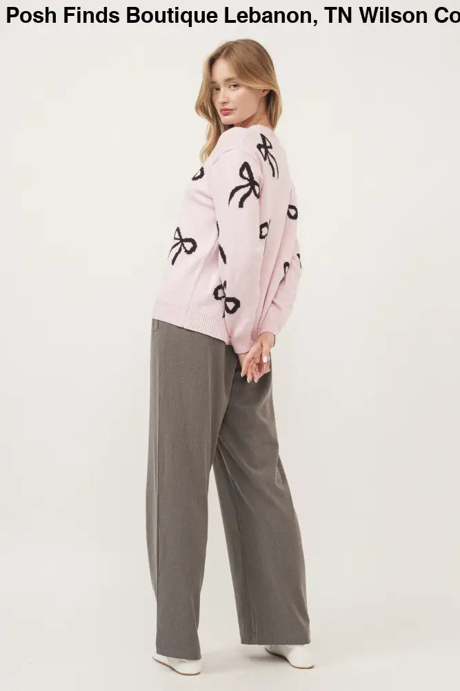 BOW PRINT LONG SLEEVES LOOSE FIT SWEATER IN PINK - Posh Finds