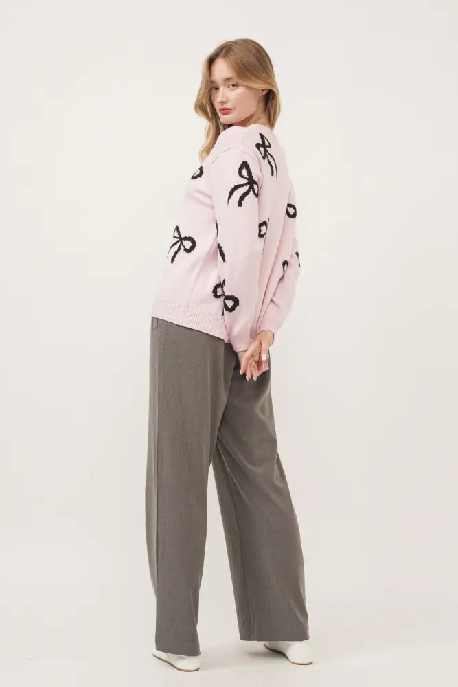 BOW PRINT LONG SLEEVES LOOSE FIT SWEATER IN PINK - Posh Finds