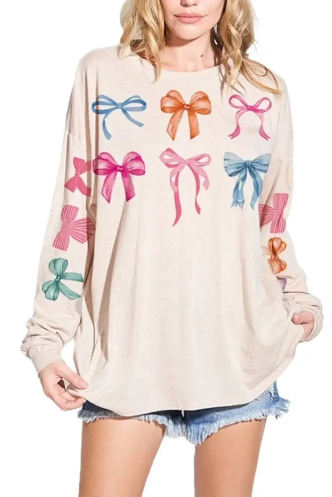 Bow Print Tri Blend Oversized Top: IVORY - Posh Finds