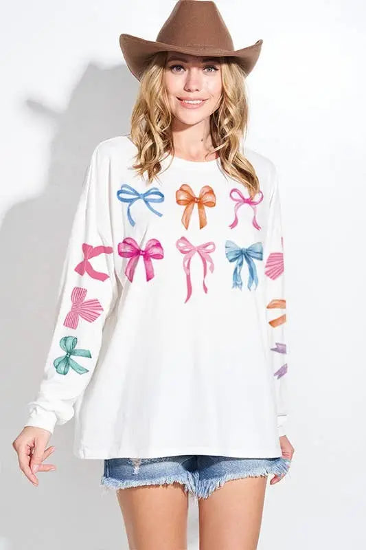 Bow Print Tri Blend Oversized Top: IVORY - Posh Finds