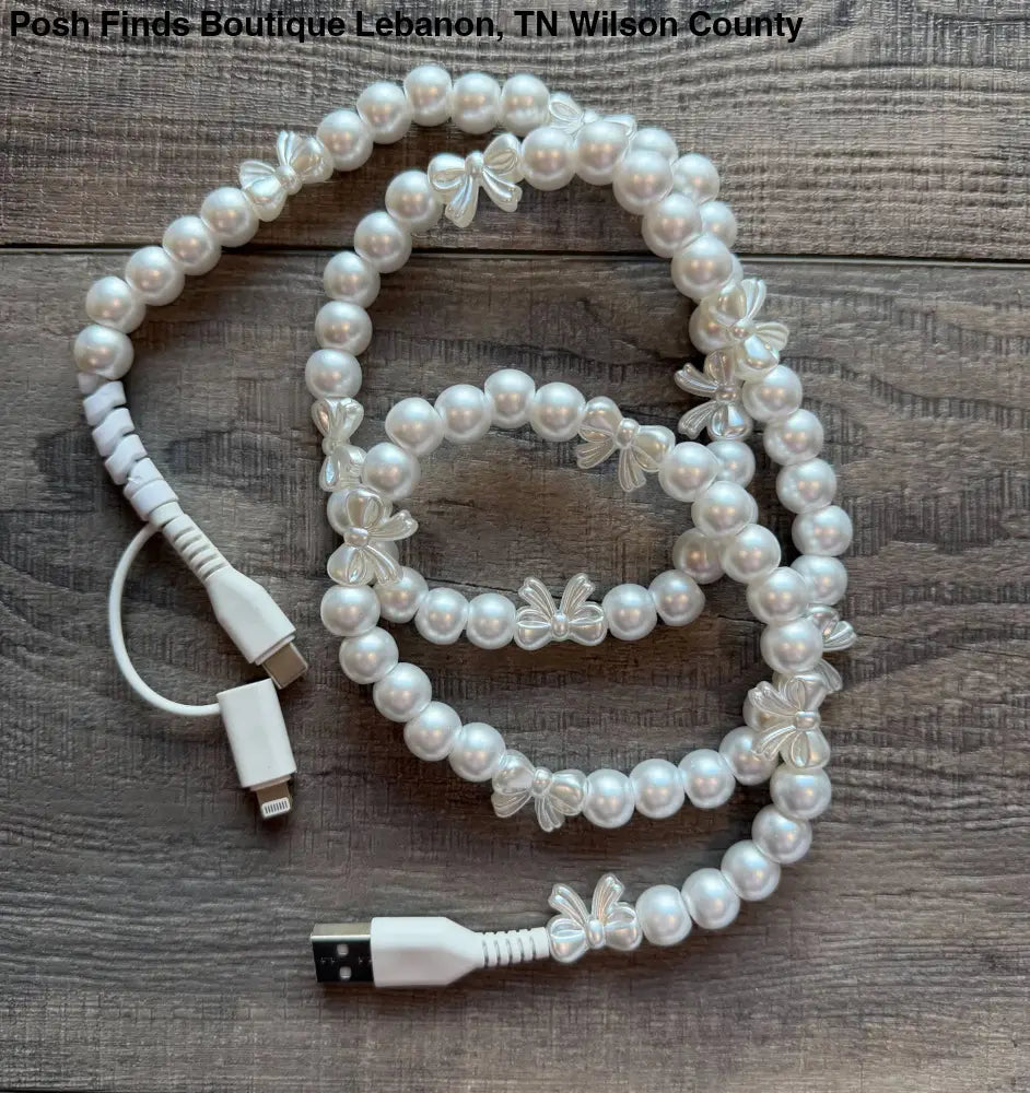 Bows Beaded Phone Charger with Lightning & USB-C Cable: White - Gifts
