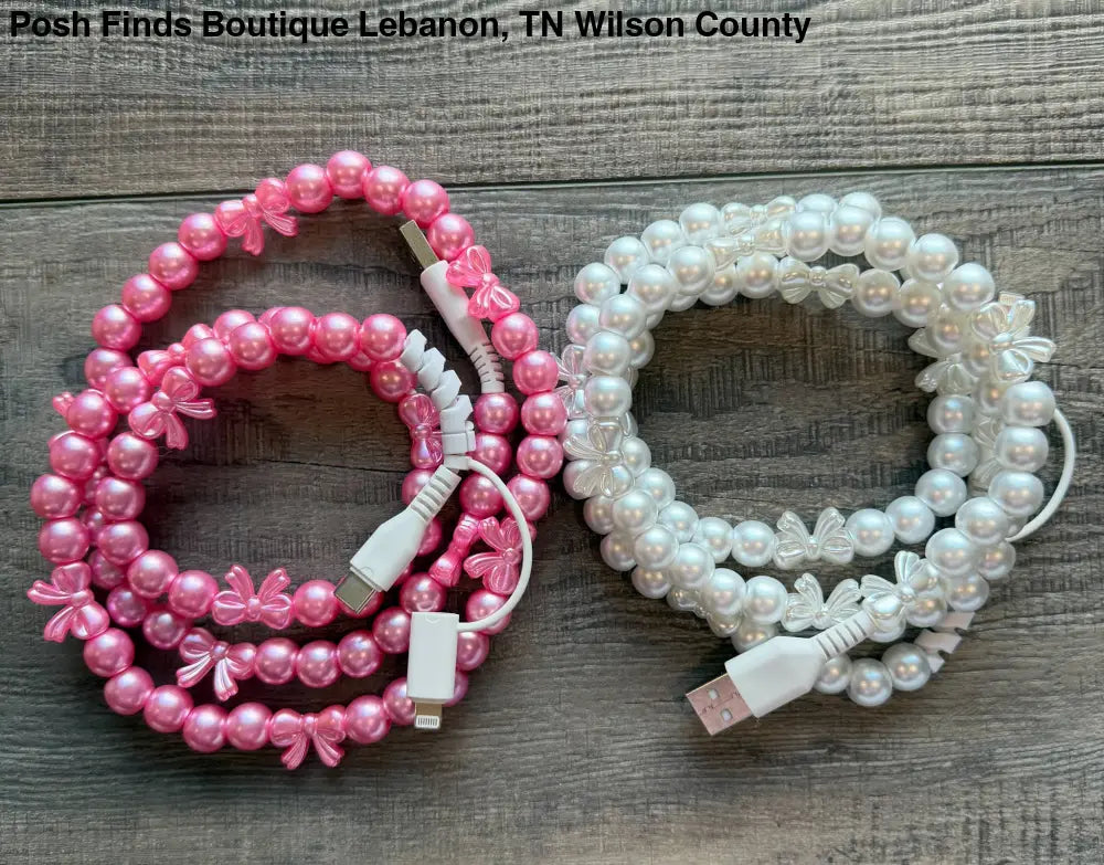 Bows Beaded Phone Charger with Lightning & USB-C Cable: White - Gifts