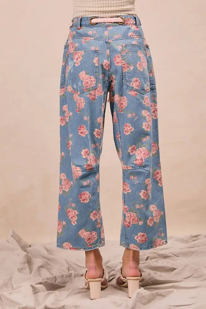 Braided Waist Belt Patch Pocket Floral Denim Pants: DENIM - Posh Finds