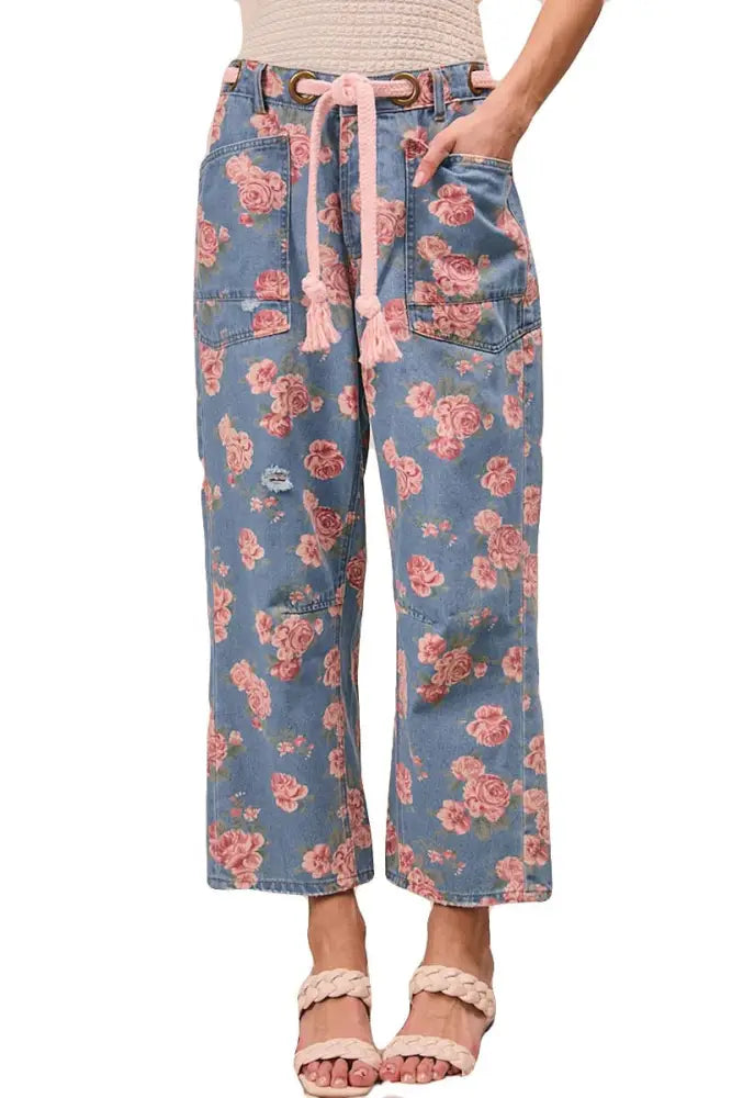 Braided Waist Belt Patch Pocket Floral Denim Pants: DENIM - Posh Finds