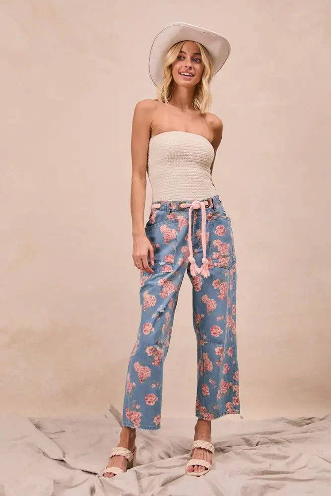Braided Waist Belt Patch Pocket Floral Denim Pants: DENIM - Posh Finds