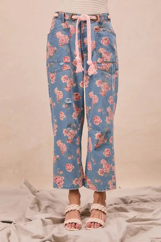 Braided Waist Belt Patch Pocket Floral Denim Pants: DENIM - Posh Finds