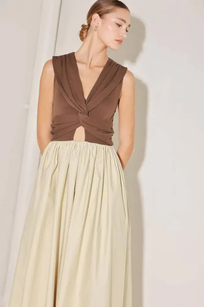Brown Tan Solid Midi Dress - Women > Dresses
